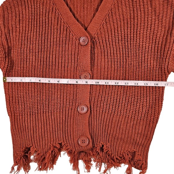 Love Tree Distressed V Neck Button Up Cropped Cardigan, Burnt Orange, Small - Picture 12 of 14